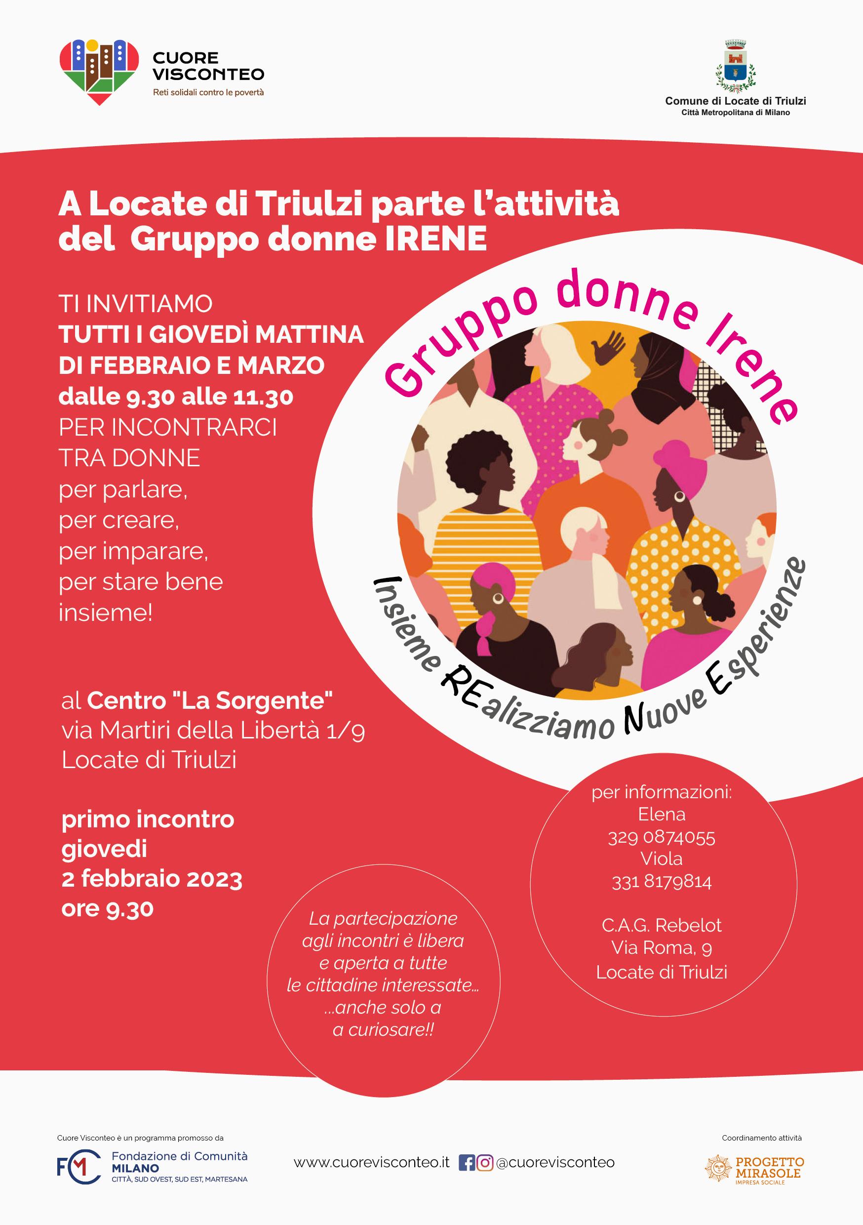 invito per appuntamenti, iniziative e incontri del gruppo donne Irene di Locate di Trulzi in provincia di Milano